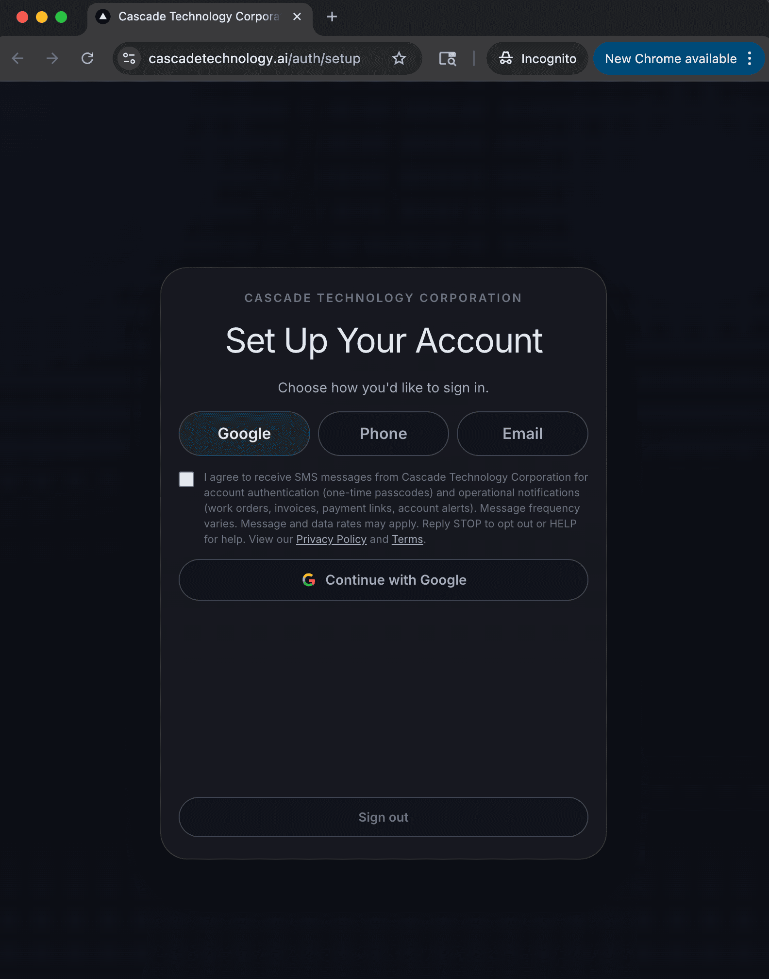 Account setup page showing the Google tab with SMS consent checkbox directly above the Continue with Google button