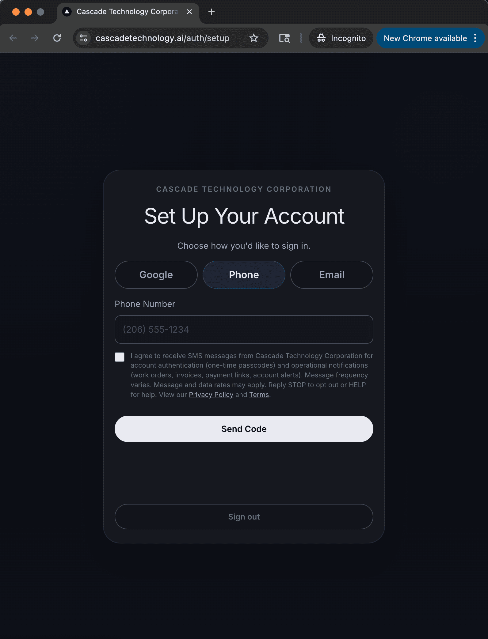 Account setup page showing the Phone tab with SMS consent checkbox directly below the phone number input field